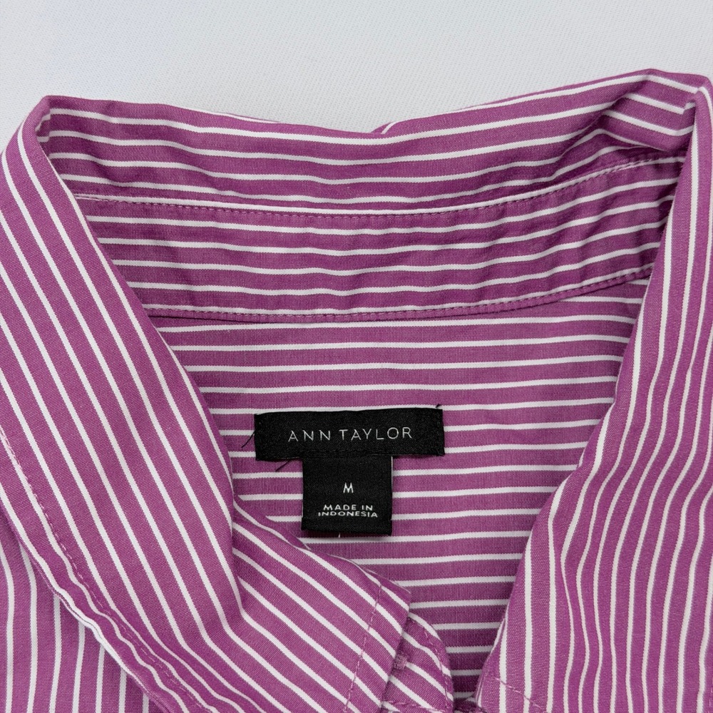 Ann Taylor Purple White Striped Cotton Button Down Shirt Womens Medium L/S - Picture 3 of 6